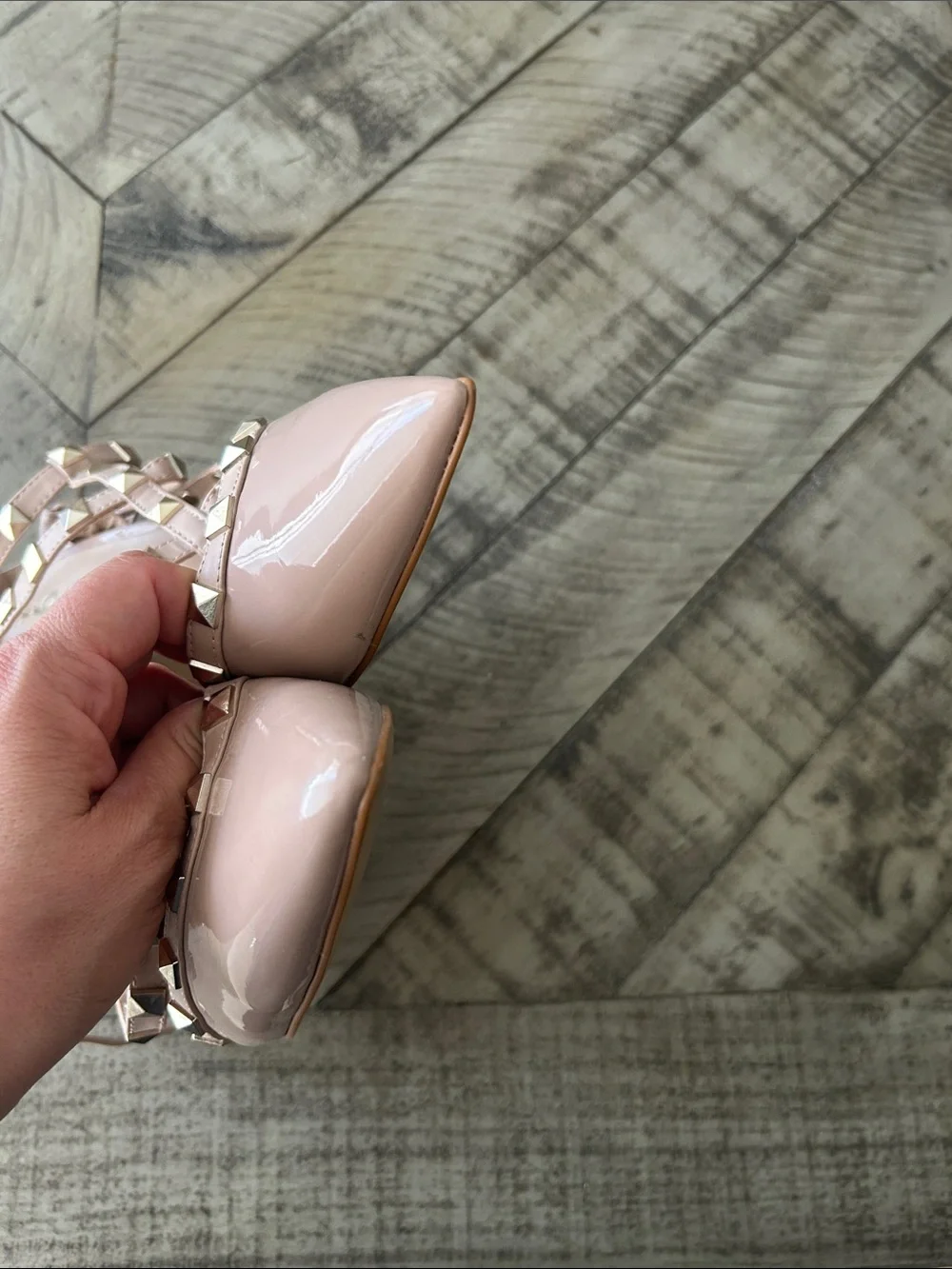 Mix No. 6 Blush Patent Pointed-Toe Studded Strappy Heels